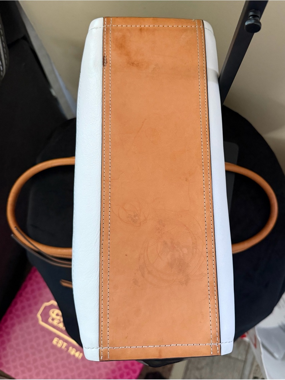 Coach White Leather Tote with Tan Handles and Black-Pattern Accent - Picture 5 of 5